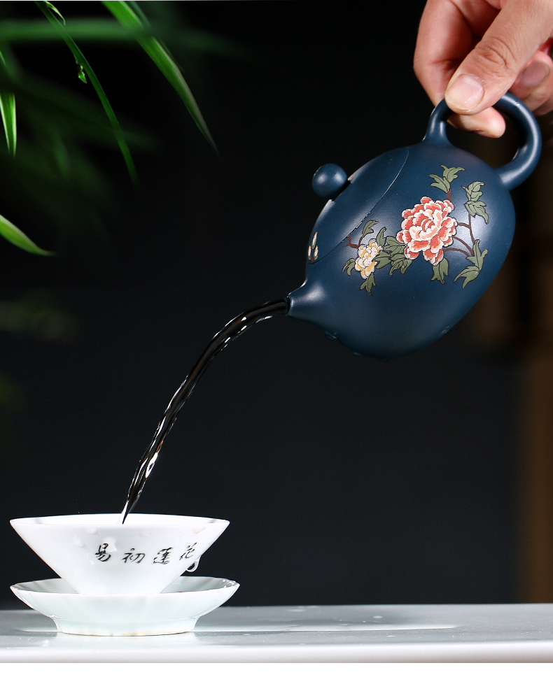 純手工紫砂壺，小巧琺瑯印花紫砂壺