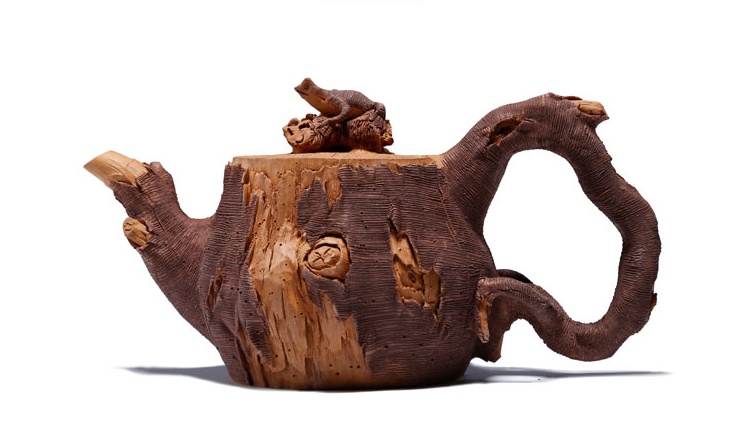 仿木外皮紫砂壺，創(chuàng)意木樁手工雕刻紫砂壺